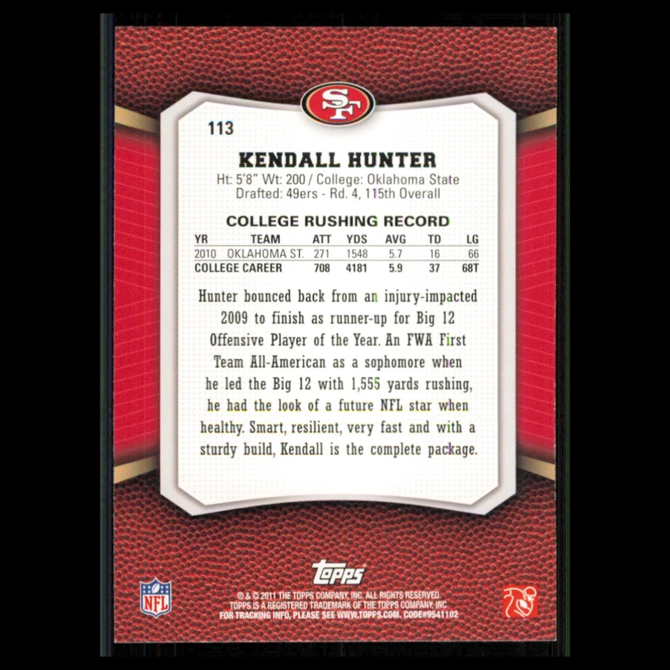 Kendall Hunter Rookie #113 2011 Topps Rising Rookies San Francisco 49ers Card NM - Image 2 of 3