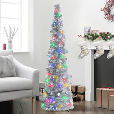 5Ft/1.5M Pop up Collapsible Christmas Tree with Lights, Silver Tinsel Skinny Pe