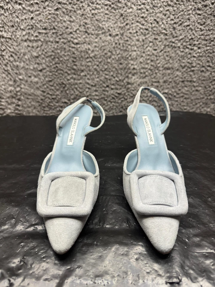 Manolo Blahnik Maysli Suede Buckle Detail Slingback Pumps Blue Womens Size 39 EU - Image 2 of 4