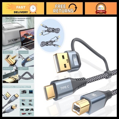 2-Pack USB-B to USB-C/A Printer Cable 6.6FT High-Speed MIDI Cord for Mac & PC