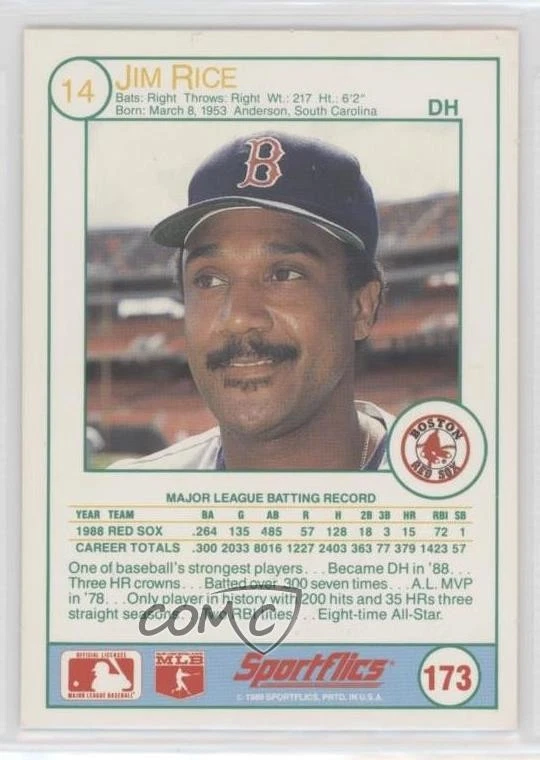 1989 Sportflics Jim Rice #173 HOF - Image 2 of 2