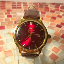 Orient Automatic Men's Dress Watch Red Dial Date Gold Case Brown Leather