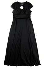 NWT ANRABESS Black Stretch V-Neck Cap Sleeve Empire Waist Long Maxi Dress Large