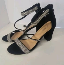 Top Moda Black High Heels Rhinestones Ankle Strap Shoes Zipper Sexy Women's 8.5