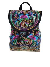 Women's Floral Embroidered Multicolor Backpack, Drawstring Snap, Black Strap