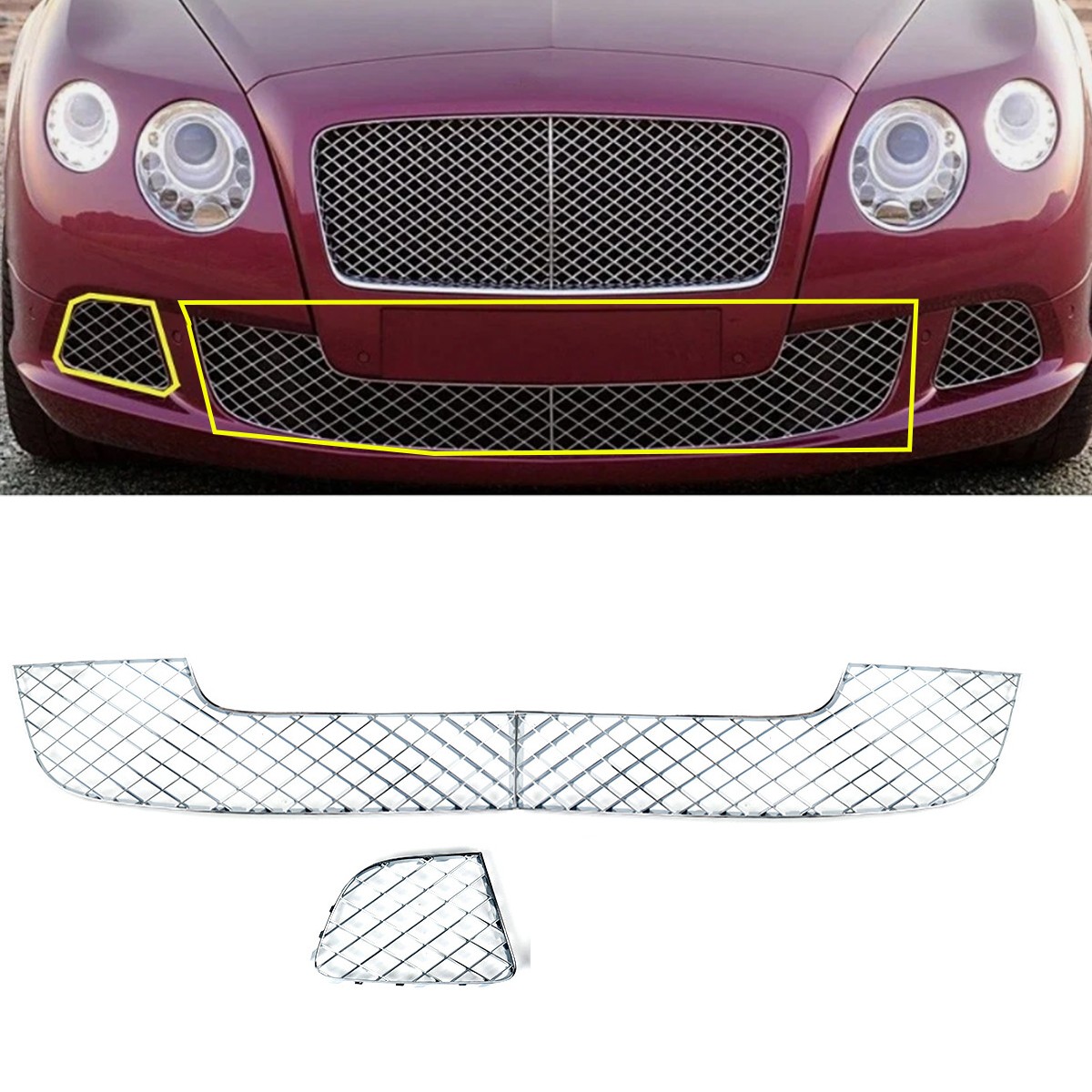3PCS Fits For Bentley Continental Gt Gtc 2012-15 Chrome Bumper Lower Mesh Grille