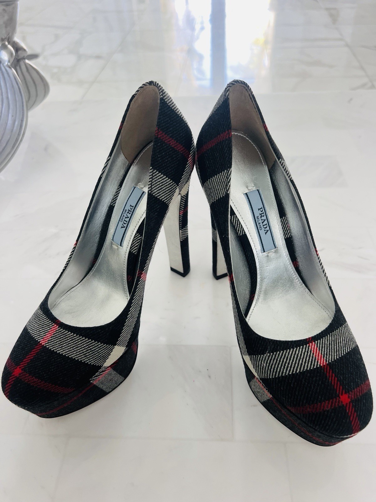 PRADA Plaid Platform Stiletto Heels Black White Red Slip On Closed Toe Women