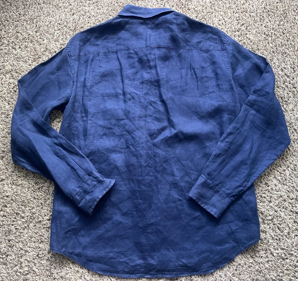 Camisa Club Monaco Para Hombre Mediana Azul Abotonada 100% Lino Calce Ajustado Foto 4 de 4