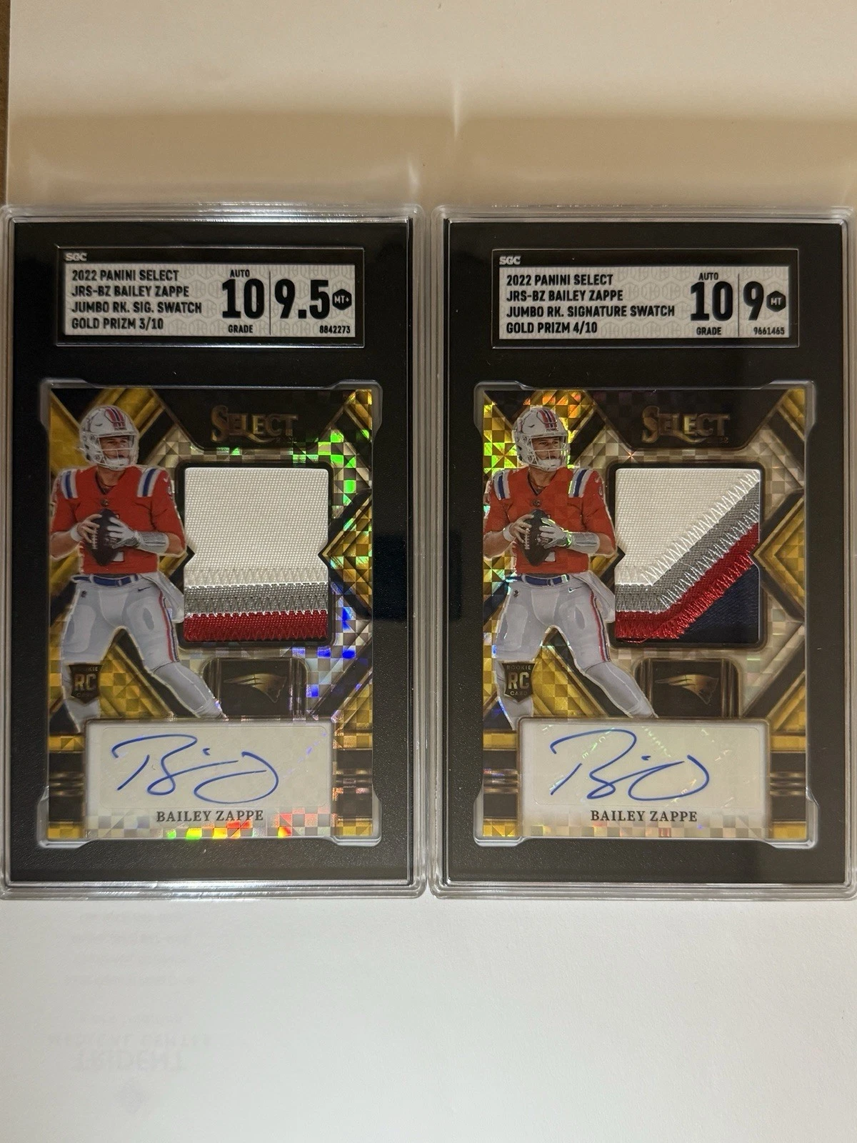 Bailey Zappe Panini Select Jumbo Rookie Signature Swatch #JRSBZ Gold Prizm
