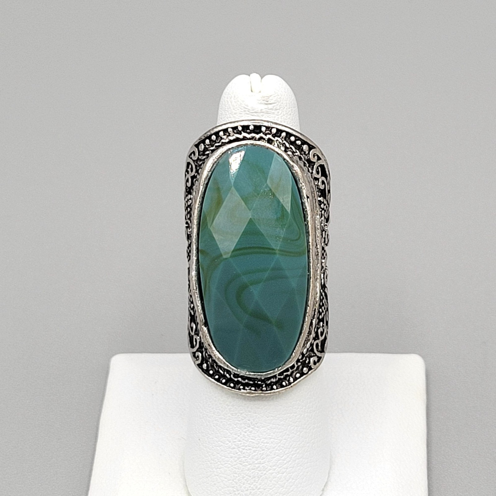 Faceted Green Chalcedony Stone Statement Ring Sil… - image 1