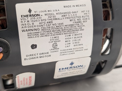 Emerson K55HXKDD-9447 Direct Drive Blower Motor G08C, 1/2HP, 1PH, 3.1-3.0A, 60Hz - Picture 4 of 12