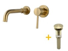 Solid Brass Wall Mounted Basin Faucet Gold Brushed Mixer Tap with Overflow Drain