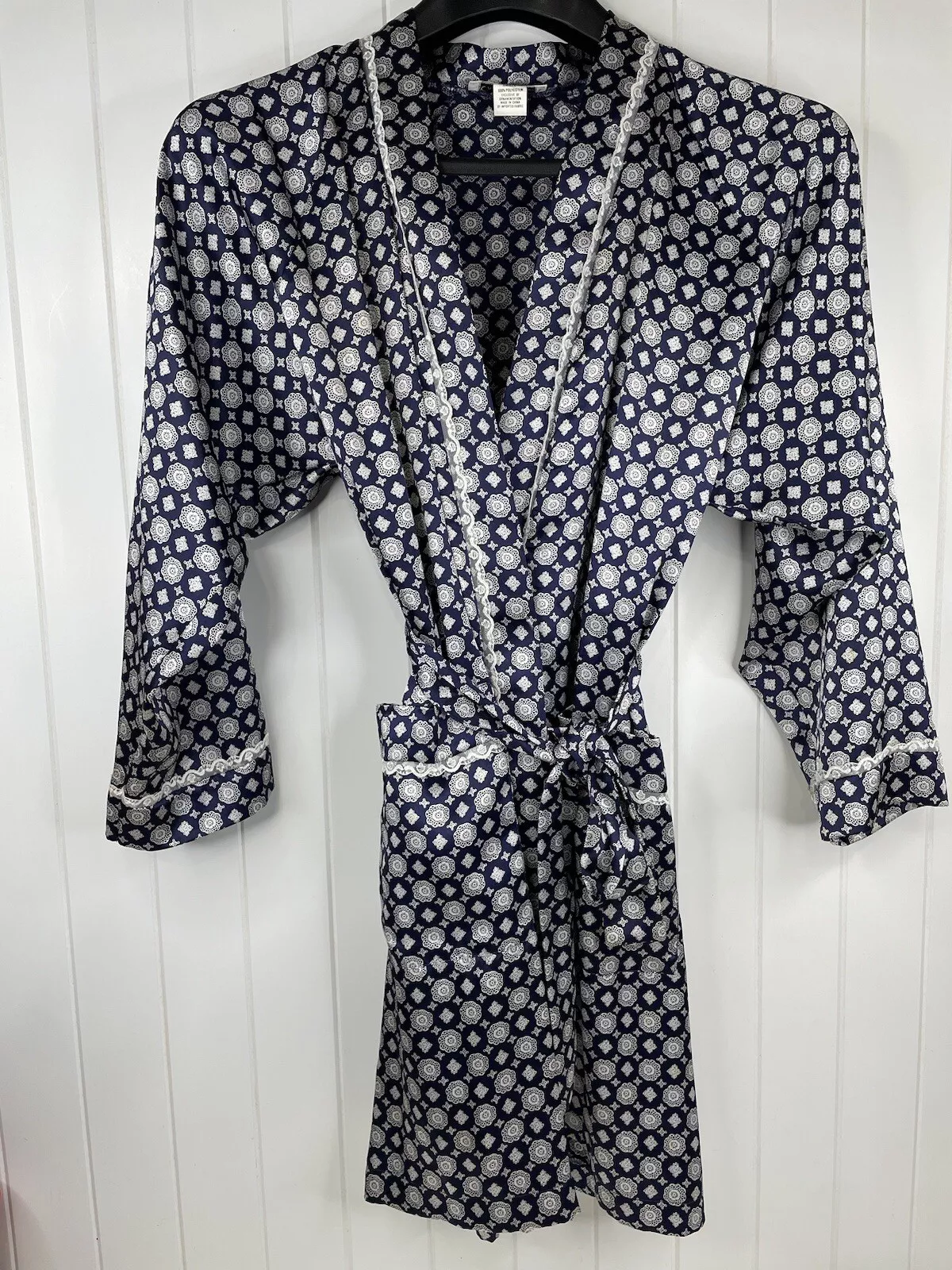 Peignoir de bain vintage Christian Dior taille S bleu marine blanc bordure dentelle