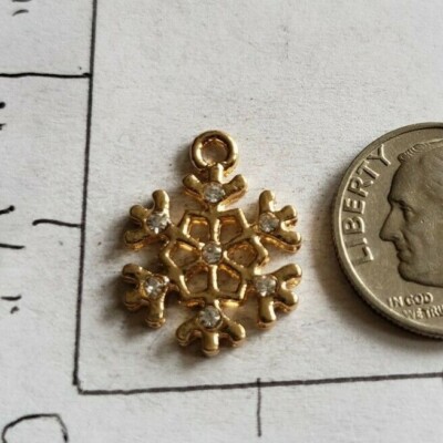 Snowflake charms winter snow fall holiday Christmas  GOLD tone rhinestone