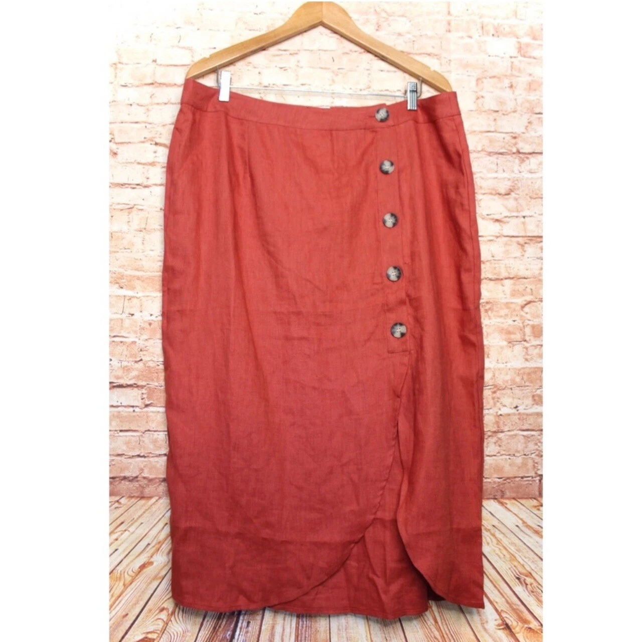 525 AMERICA | Red Clay Linen Tulip Hem Midi Skirt
