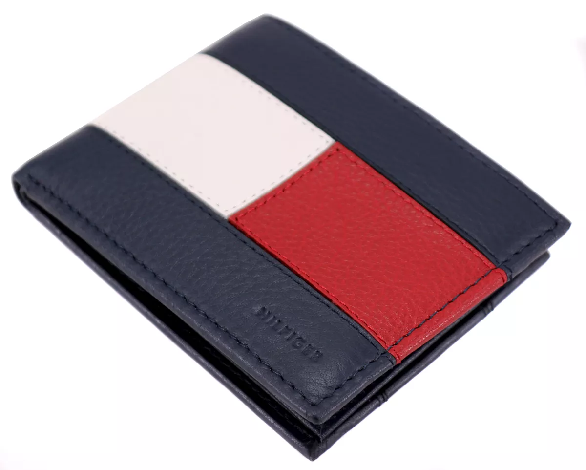 Tommy Hilfiger Men's Premium Leather Double Billfold Passcase Rfid Wallet  Navy