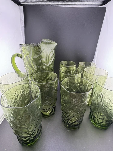 Vintage Avocado Green (Anchor Hocking Lido Or Seneca) Pitcher & 9 Tumblers