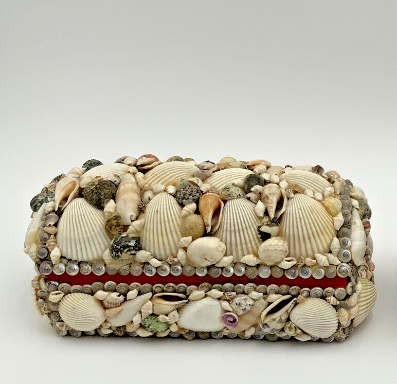Vintage Seashell Sailors Trinket Jewelry Box Felt Lining Hinge Closures
