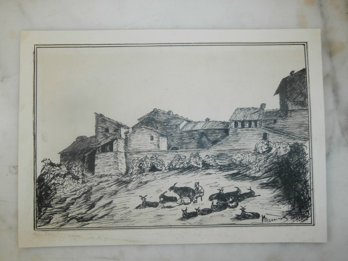 Disegno a china firmato Messina 21,4x14,6 cm Scena di campagna