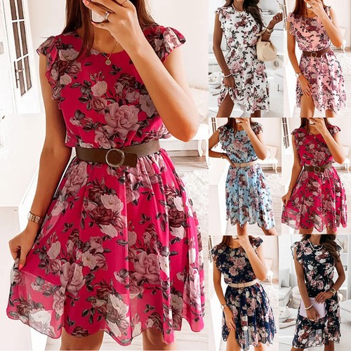Womens Short Sleeve Midi Dress Ladies Ruffle Boho Floral Beach Swing Sundress US