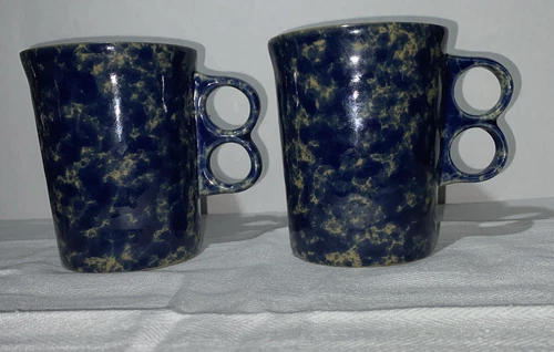 His Hers Bennington Potters Blue Agate Trigger Coffee Mugs 4 inch Vermont 1340