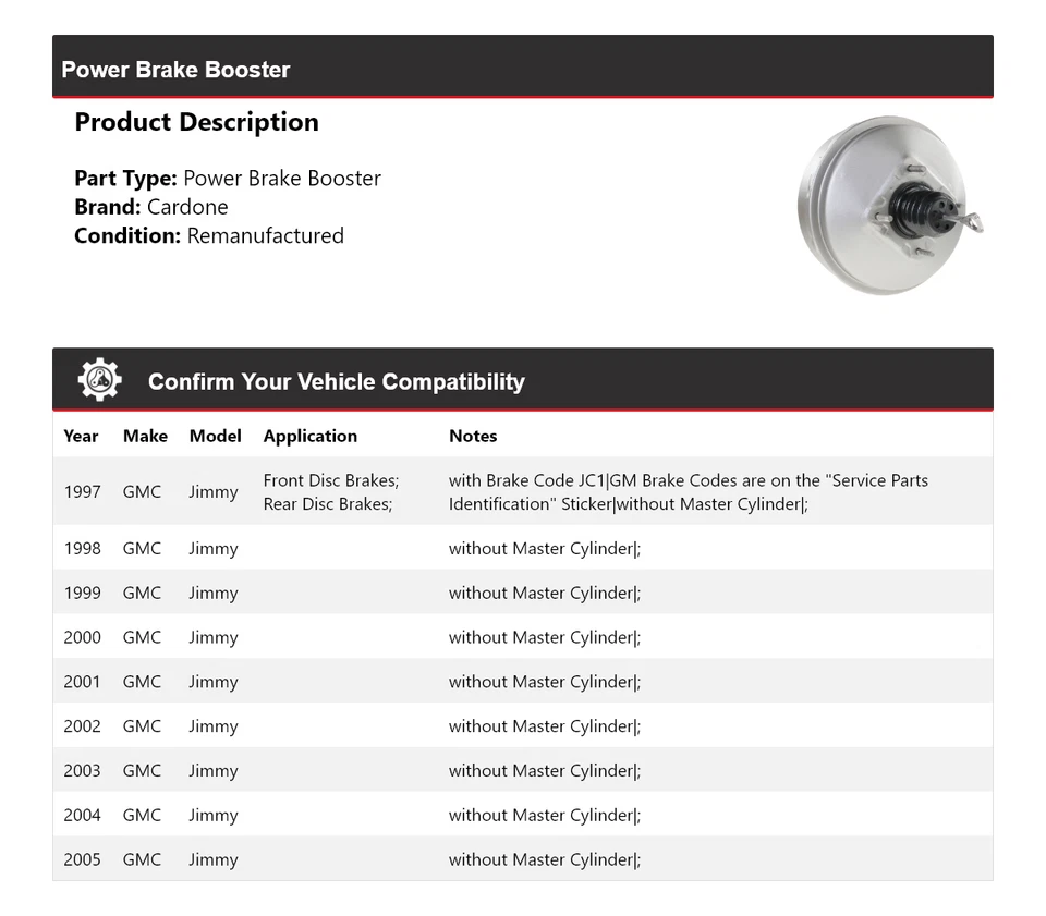 Para 1997-2005 GMC Jimmy Power Brake Booster Cardone 1998 1999 2000 2001 2002 - Imagem 2 de 4
