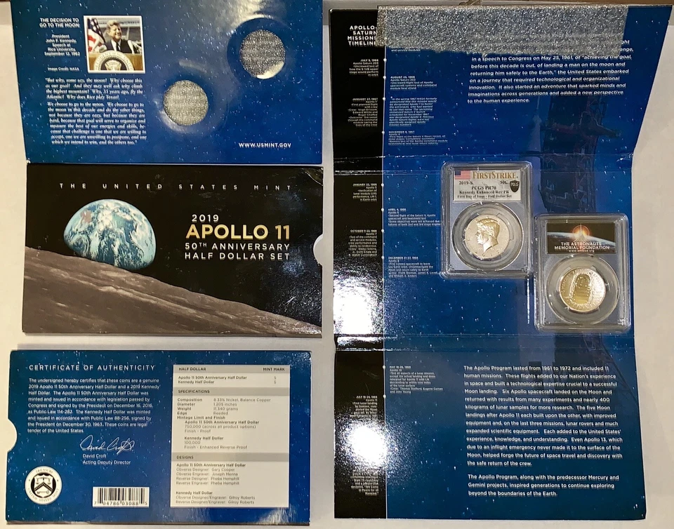 2-Coins RARE APOLLO 11 50TH Anniv PCGS FDOI Reverse-PR70 Kennedy 50c Only 63! - Image 2 of 4