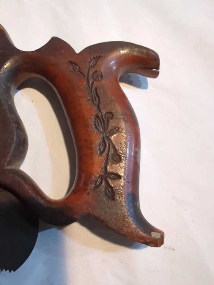 25" Antique Wooden Handle Engraved Leaves Hand Saw EC Atkins S & Co Unique - Image 2 of 4