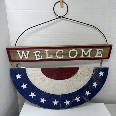 Wooden Welcome Sign Patriotic Red White Blue