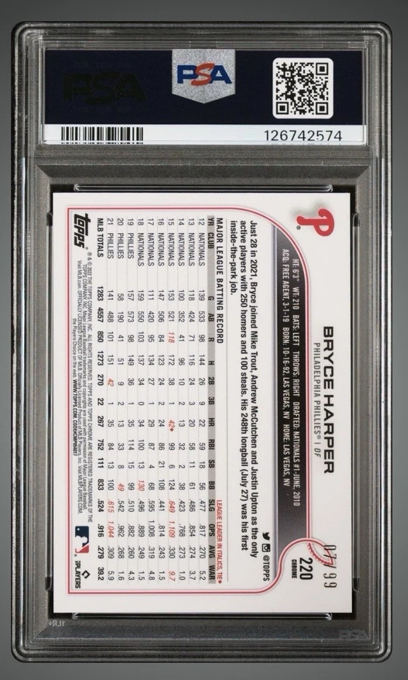 Bryce Harper 2022 Topps Chrome Green Speckle Refractor /99 SP PSA 10 - Image 2 of 3