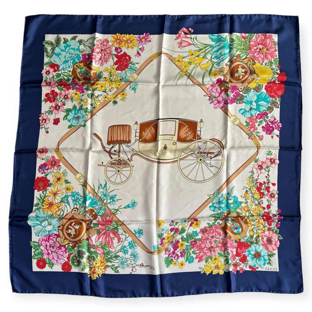 Auth GUCCI Flora vintage grande écharpe chariot marine multicolore du Japon