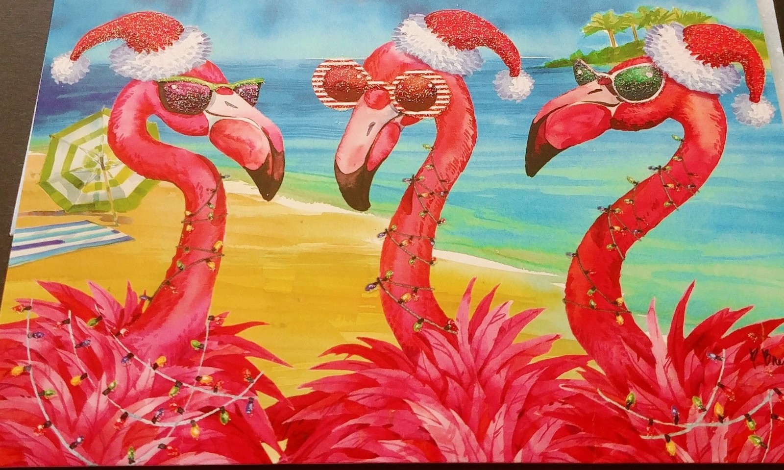 "Flamingo-Rolling", (3) Leanin Tree Christmas, New Yr Cards, New & (3) Envelopes