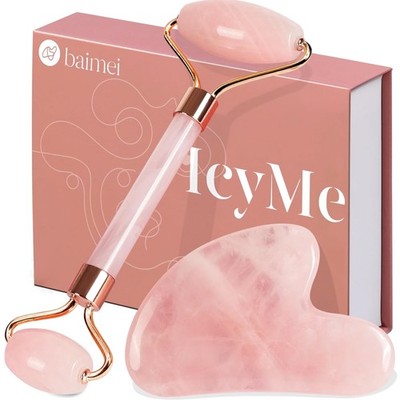 Gua Sha Stein und Gesichtsroller Set aus Rosenquarz   Ideal für Ihre Hautpflege