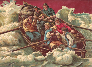 Rare Très Grand Chromo Decoupis Traversé D'Une Tempête Par Magnifiques Pécheurs