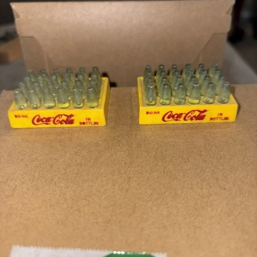 Lot Of 2 Vintage Coca Cola Yellow Crate with 24 Miniature Plastic Green Bottles