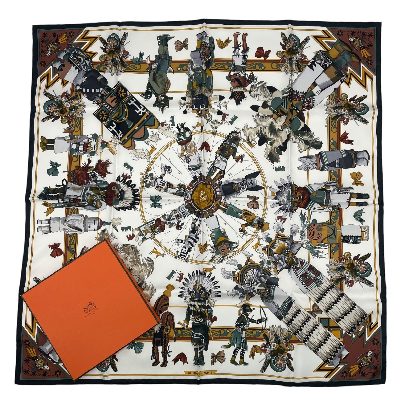 Excellent HERMES Carré 90 Silk Scarf “Kachinas”White – With Box