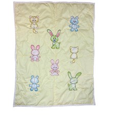 Vintage Handmade Baby Blanket Quilt Yellow Stuffed Animal Applique 53x41