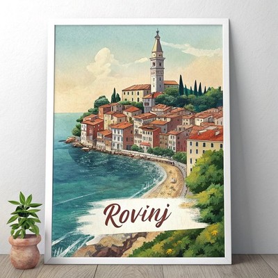 Lebendiges Rovinj Kroatien - Vintage Stil Reiseposter mit majestätischen Wahrzeichen A1-