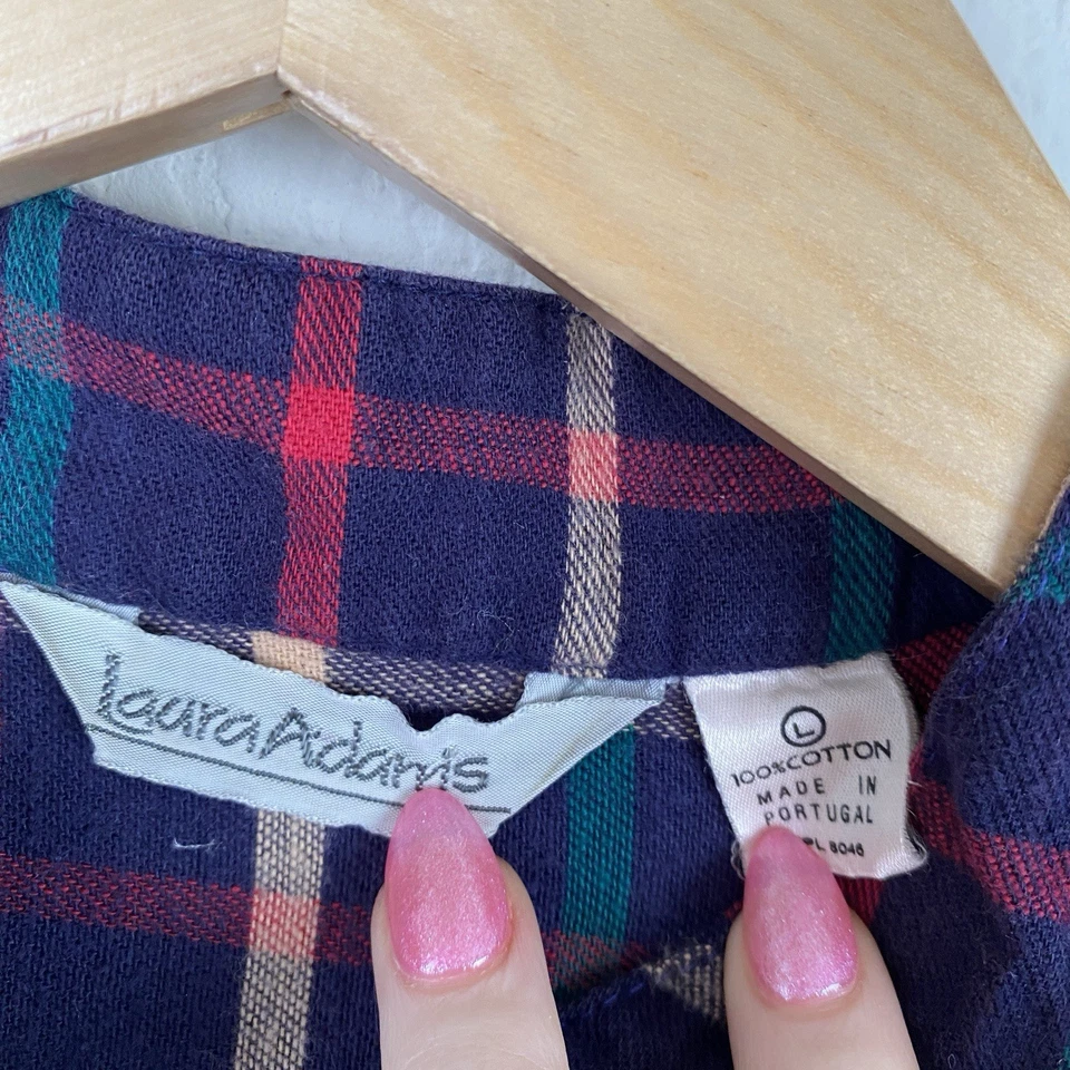 Vtg Laura Adams L Maxi Nightgown Flannel Plaid Cottage Prairie Cotton Red Navy - Image 3 of 4