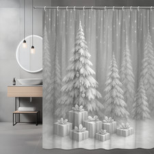 Christmas Shower Curtain with Snowy Trees and Gifts