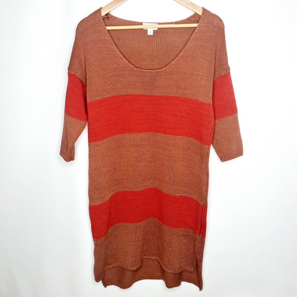 Witchery Size M Knit Brown Red Striped 3/4 Sleeve Knee Length Jumper Dress