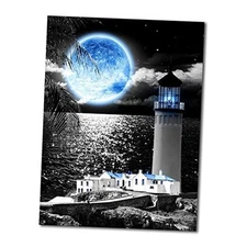 Coast Lighthouse Canvas Wall Art: Blue Wall Decor - Black 24L" x 16W" Moon