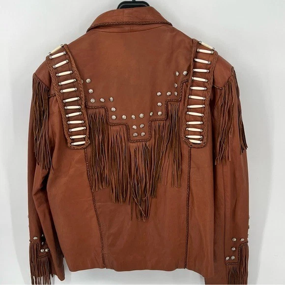 Chaqueta de Cuero Western World By Shaf Flecos Cuentas Vaquero Occidental L Foto 2 de 4
