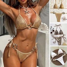 Costume da bagno donna sexy triangolo push up bikini anello legato perizoma laterale