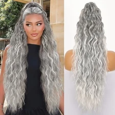  Ponytail Extension Claw 30" Curly Pony Tail Clip in Claw Hair 30in Omber Grey