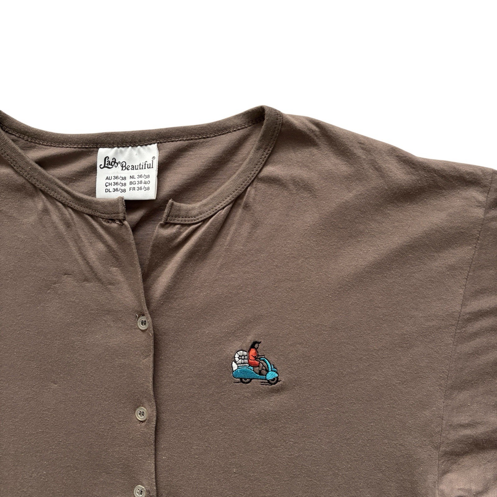 Womens Vintage Top 80s Pale Brown Scooter Girl Themed Buttoned Retro Mod 16 image 3