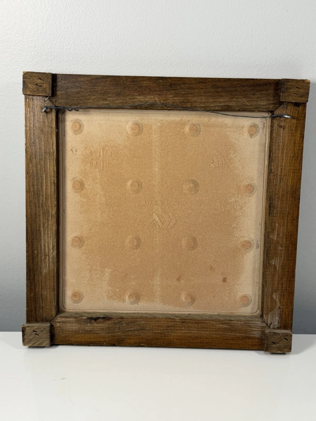 Vintage Piemme Blue & White Chicken Tile Trivet Wood Framed Farmhouse Wall Art - product detail image 3