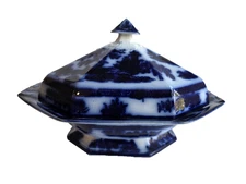 Antique Flow Blue Chapoo J. Wedgwood Covered Vegetable Tureen 1834 Great Flow