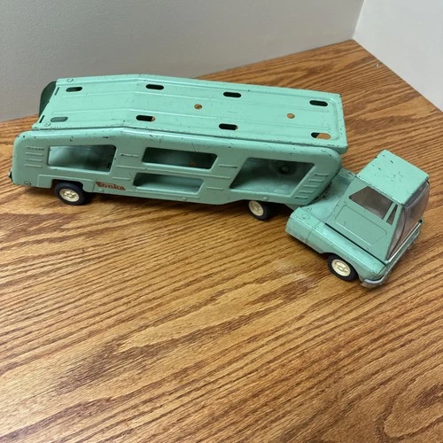 Vintage 1960's TONKA Mound Minn Pressed Steel Light Green Car Hauler Carrier Toy