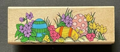 Easter Eggs Garden Hidden Flower Blooms Spring Season Holiday Wood Rubber Stamp